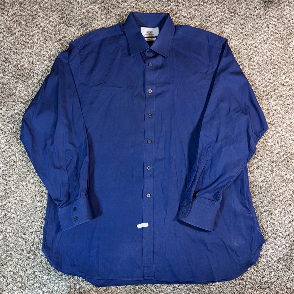 Charles Tyrwhitt Mens 17.5/35 Classic Fit Dress Shirt Navy Blue 100% Cotton